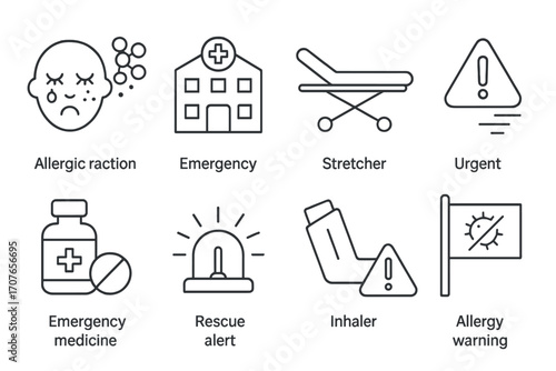 Emergency symbols: allergic reaction, medical help, and safety warnings