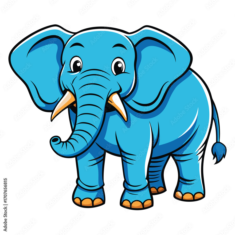 Fototapeta premium Cheerful light blue cartoon elephant with orange toenails is standing with a white background