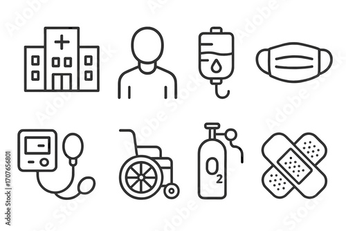 Healthcare icons: hospital, patient, iv, mask, monitor, wheelchair, oxygen, bandage