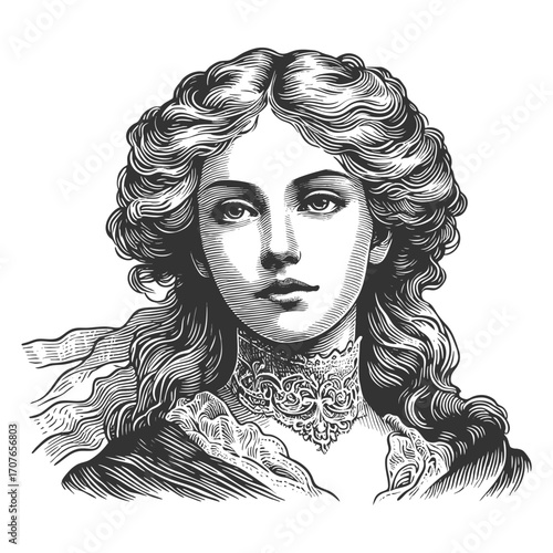 19th century woman wearing floral crown and ornate dress sketch engraving generative ai fictional character vector illustration. Scratch board imitation. Black and white image.