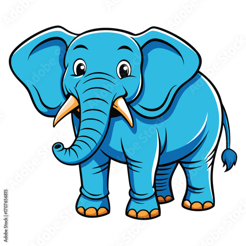 Cheerful light blue cartoon elephant with orange toenails is standing with a white background