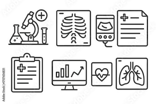 Medical line icons: microscope, x-ray, ultrasound, heartbeat, lungs, charts, documents