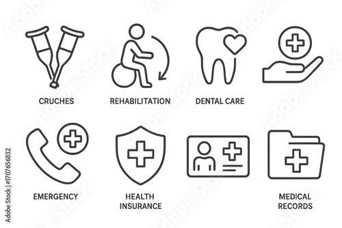 Healthcare icons: crutches, rehabilitation, dental care, emergency, insurance, medical records