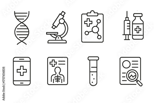 Medical icons set featuring dna, microscope, syringe, phone, and x-ray symbols