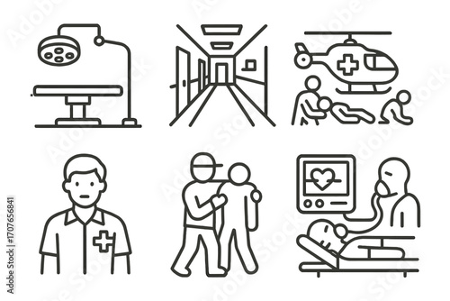 Emergency medical icons: hospital, helicopter, patients, and medical staff