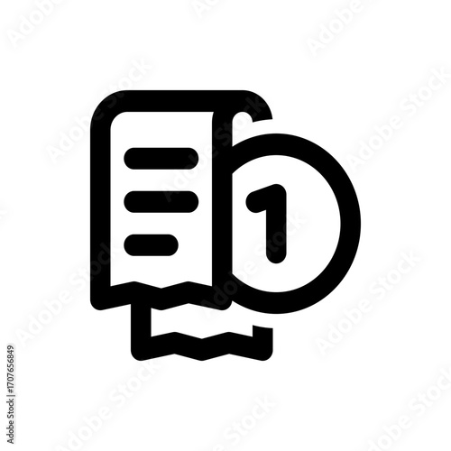 A black and white icon showing a receipt with three lines and a clock with the time at one o clock