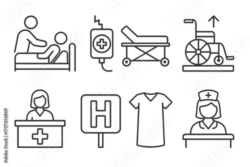 Hospital icons set: bed, iv, gurney, wheelchair, reception, sign, scrubs, nurse