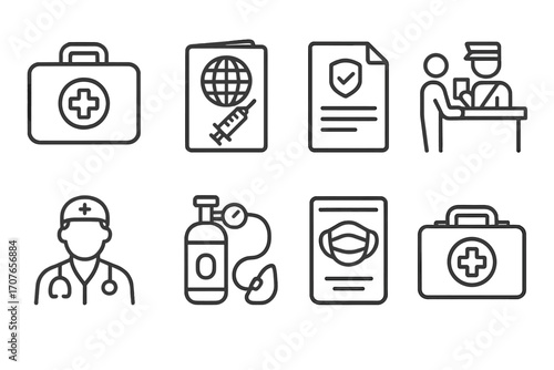 Medical travel icons: doctor, first aid kit, passport, vaccination, customs process