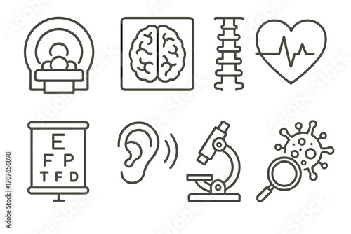 Medical icons set: mri, brain, spine, heartbeat, vision, hearing, microscope, virus