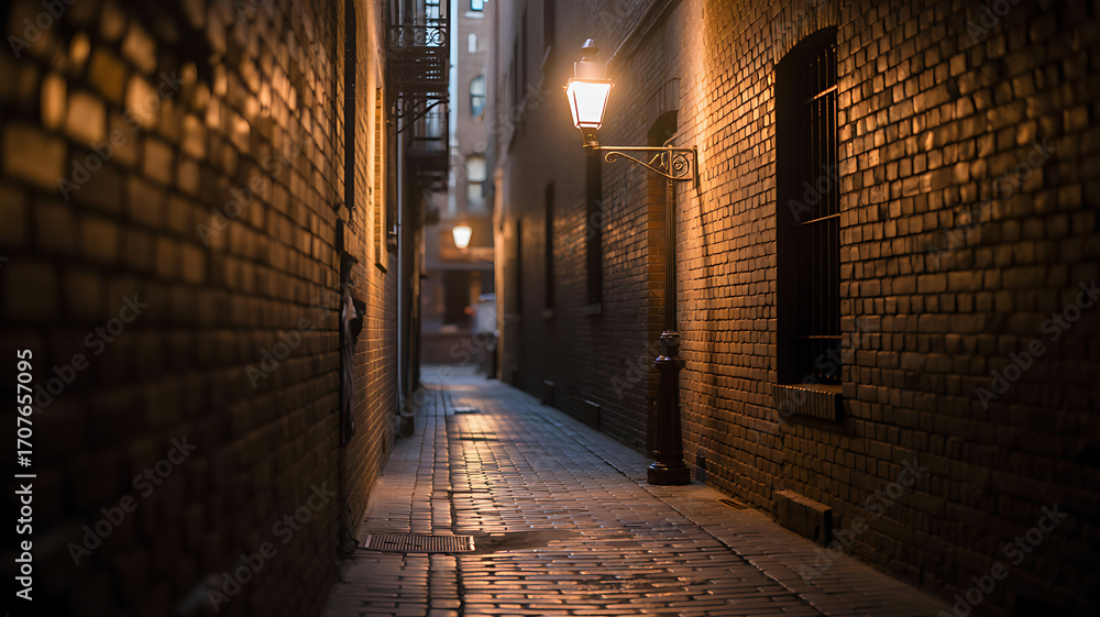 Fototapeta premium Mysterious Brick Alleyway at Dusk - Urban Exploration Photography