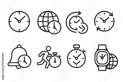 Time management icons set: clocks, stopwatch, globe, bell, watch, runner