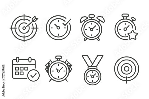 Set of line icons featuring clocks, alarms, calendars, and targets for time management