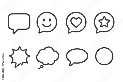 Minimalist chat bubbles and icons: speech, smiley, heart, star, burst