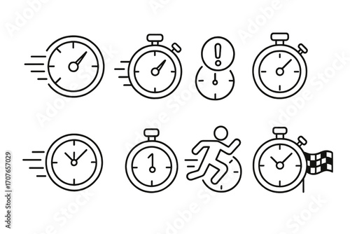 Set of black and white stopwatch and timer icons representing speed and urgency
