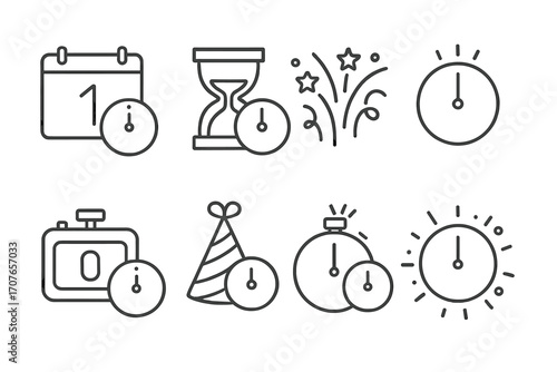 Line art icons of clocks calendars party hats celebrating time