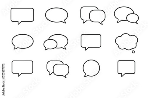 Collection of 12 different blank speech and thought bubbles in simple black outlines
