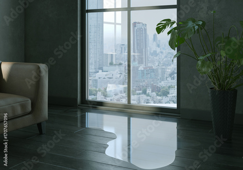 Obraz na plátně Water leaking and flooded on black wood parquet floor.