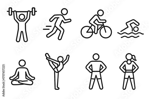 Fitness activities icons: weightlifting, running, cycling, swimming, yoga, dance, exercise