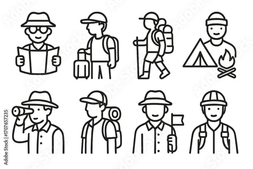 Simple line icons of male travelers and campers engaging in outdoor activities