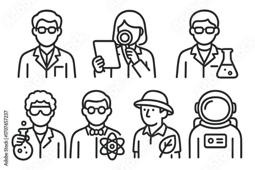 Line art scientists in various occupations with scientific tools and outfits