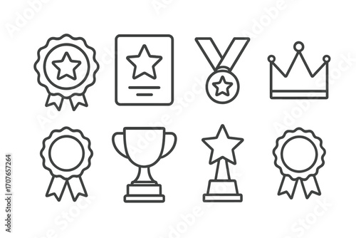 Achievement symbols: medals, trophies, and crowns