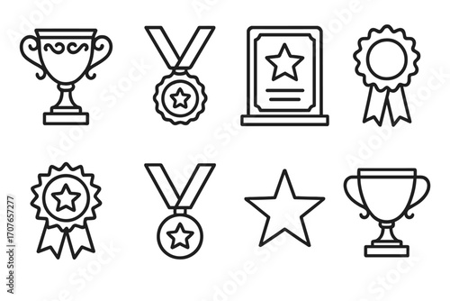 Trophy medals and awards icon set featuring stars and ribbon designs