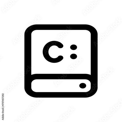 A black and white icon of a hard drive with the letter c and two dots on the top part of the hard drive