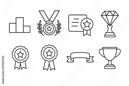 Icon set featuring awards, medals, ribbons, and trophies in minimalist design