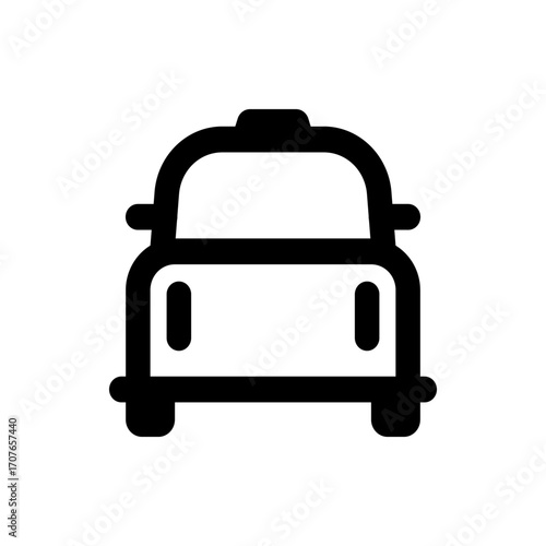 Illustration of a black taxi cab with rounded features and a simple design viewed from the front side
