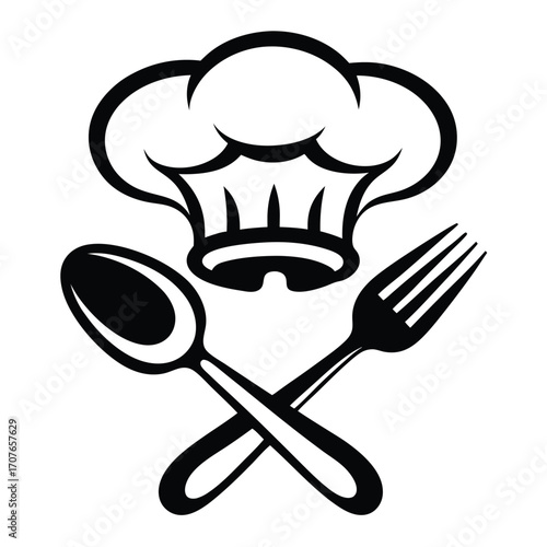 Chef's hat sits above a crossed fork and spoon in black silhouette