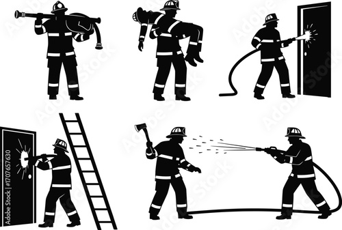 Firefighter Silhouettes Vector Set, Fire Hose, Rescue Carry, Breaking Door, Ladder Climbing, Axe, Firefighting Teamwork, Emergency Response