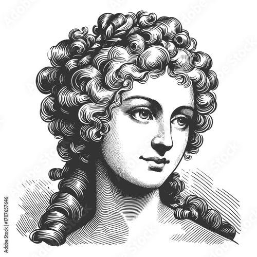 18th century woman portrait with curly hair sketch engraving generative ai fictional character vector illustration. Scratch board imitation. Black and white image.
