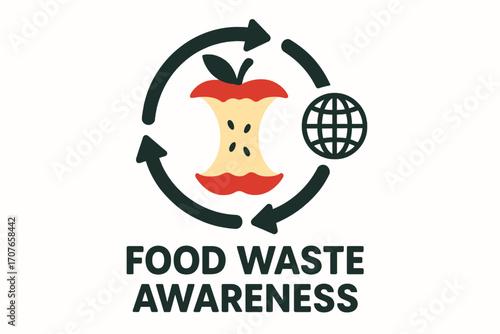 Flat solid color vector illustration for Food Loss and Waste Day featuring apple core, recycling arrows, and globe icon. Bold text “Food Waste Awareness”, clean flat vector, smooth edges, stock-safe, 