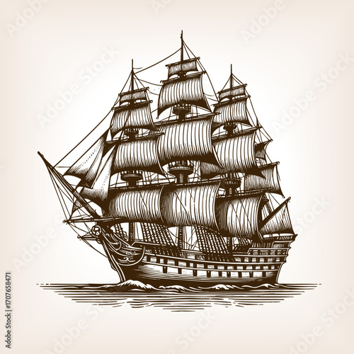 old sailing ship with multiple masts and sails, symbolizing exploration, adventure, and maritime history sketch engraving generative ai vector illustration. Scratch board imitation. Black and white.