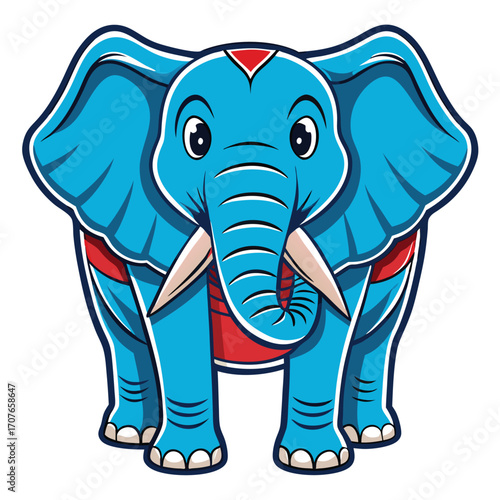 Cute cartoon blue elephant with red accent mark stands calmly against a white background