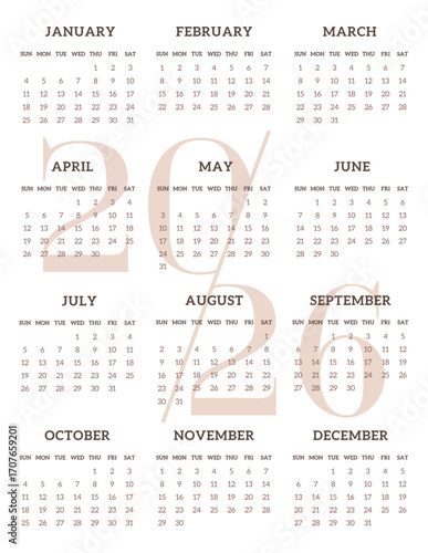Minimalist 2026 year calendar vertical page template week Start on Sunday