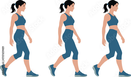 Fitness woman walking animation, sports outfit vector illustration, active healthy lifestyle female character in motion, workout exercise design