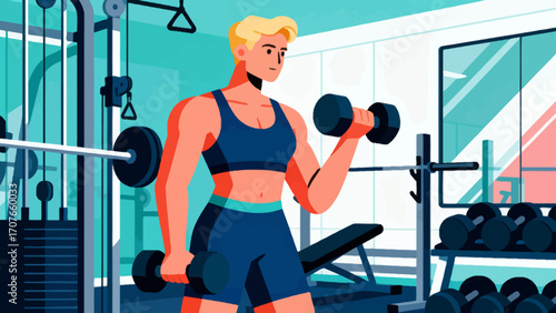 Working out with dumbbells in the gym, hand-drawn vector illustrations