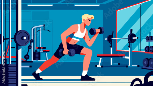 Working out with dumbbells in the gym, hand-drawn vector illustrations