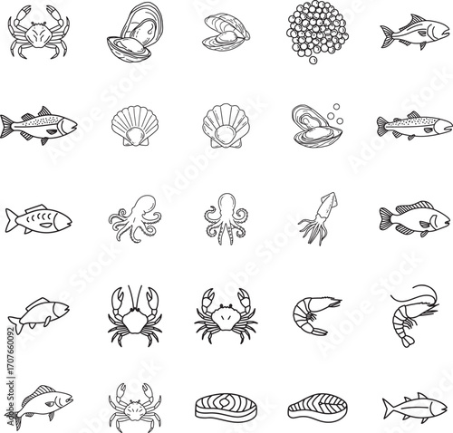 Seafood and Marine Life Restaurant Line Icon Set
