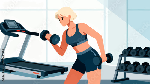 Working out with dumbbells in the gym, hand-drawn vector illustrations