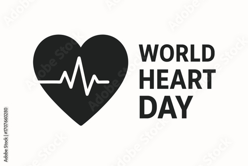 Flat solid color vector illustration for World Heart Day featuring a red heart icon with heartbeat line. Bold text “World Heart Day”, clean flat vector design, smooth edges, white background
