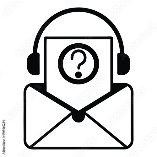 Envelope displays a question mark on a card while sporting a set of headphones