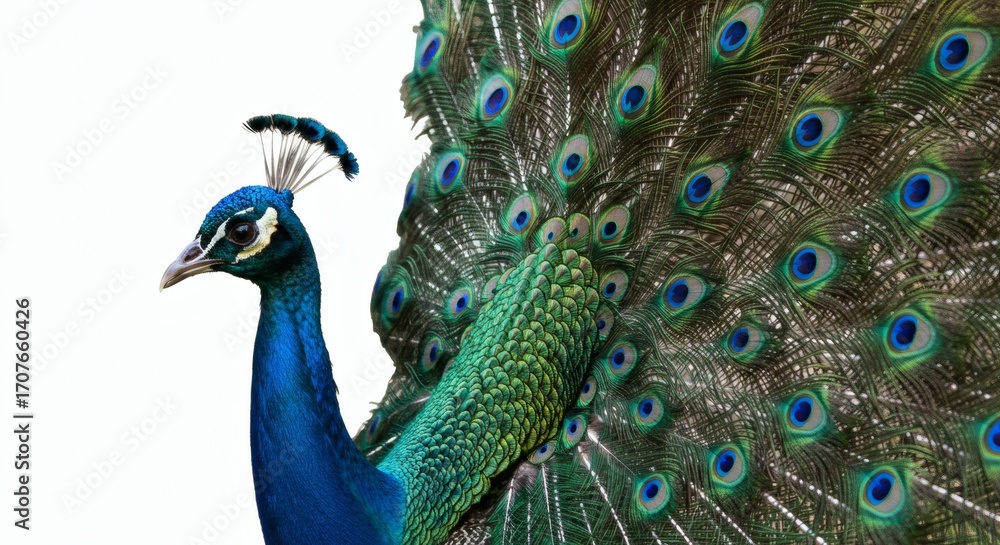 Obraz premium Peacock in Splendor Majestic Display of Feathers Against Pure White Backdrop.