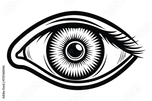 Eye outline illustration features a detailed iris and lash line in striking black and white