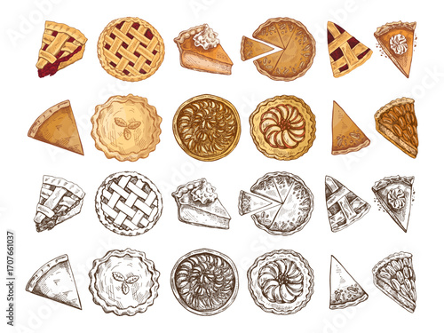 Hand drawn vintage sketch collection of assorted pies and slices with lattice crust cream nuts color and monochrome