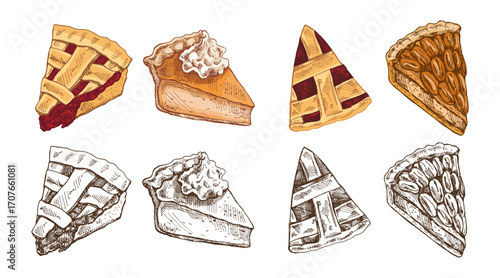 Hand drawn vintage sketch set of four pie slices with cherry cream nut topping and lattice crust decoration