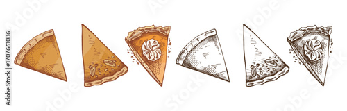 Hand drawn vintage sketch set of three pie slices with simple crust nut topping and cream decoration