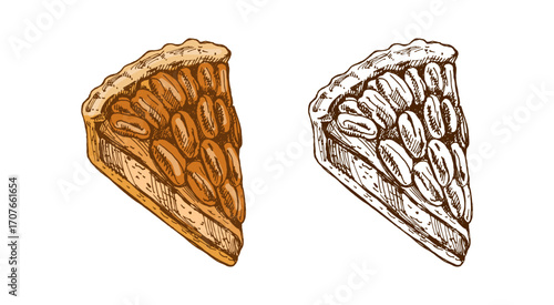 Hand drawn vintage sketch of pecan nut pie slice with crunchy baked crust in brown color set vector