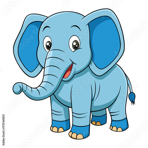 Friendly cartoon elephant stands cheerfully with big ears and a happy smile today
